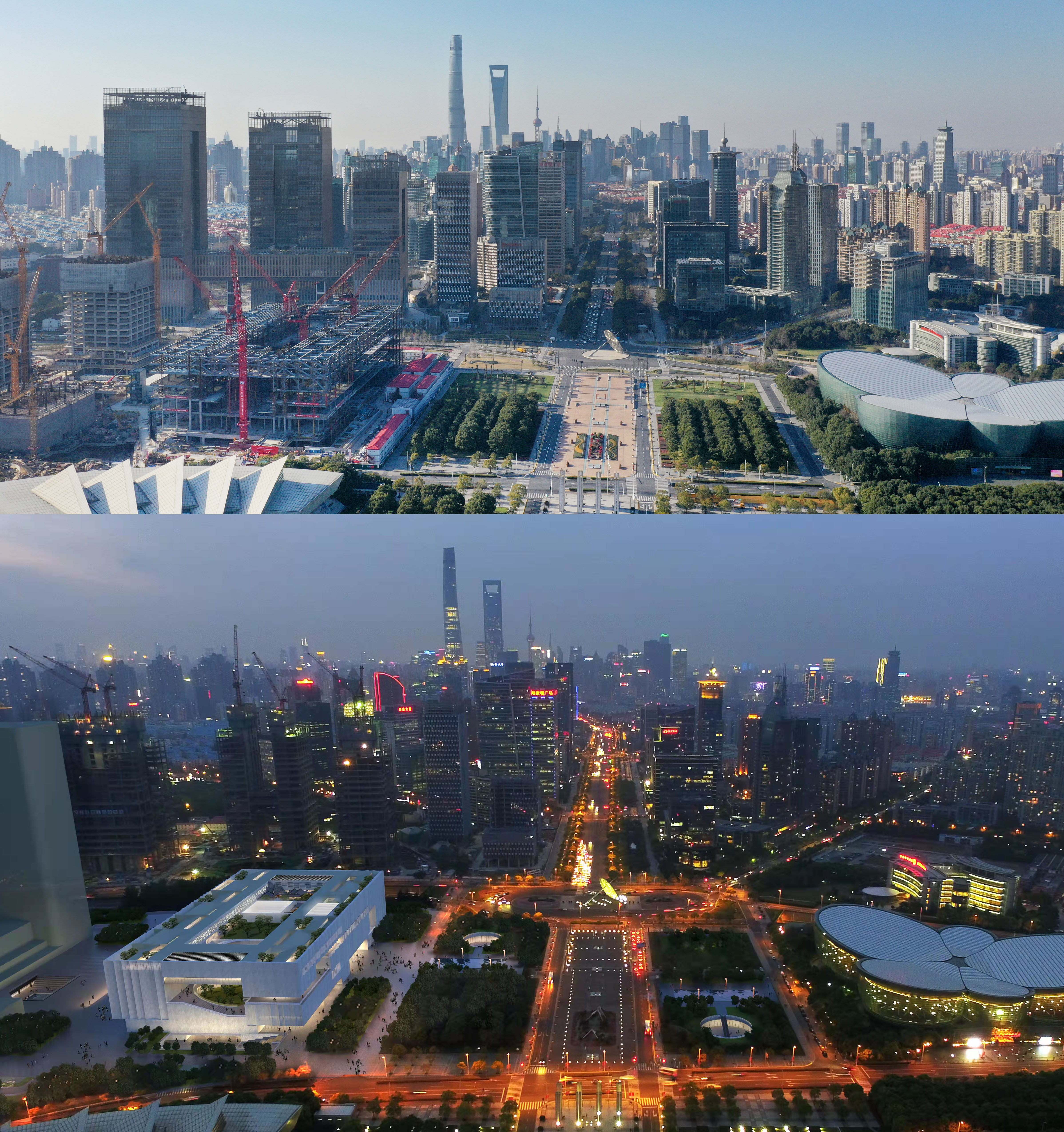 上图为建设中的上海博物馆东馆（12月31日 新华社记者 方喆 摄）；下图为上海博物馆东馆建成效果图。